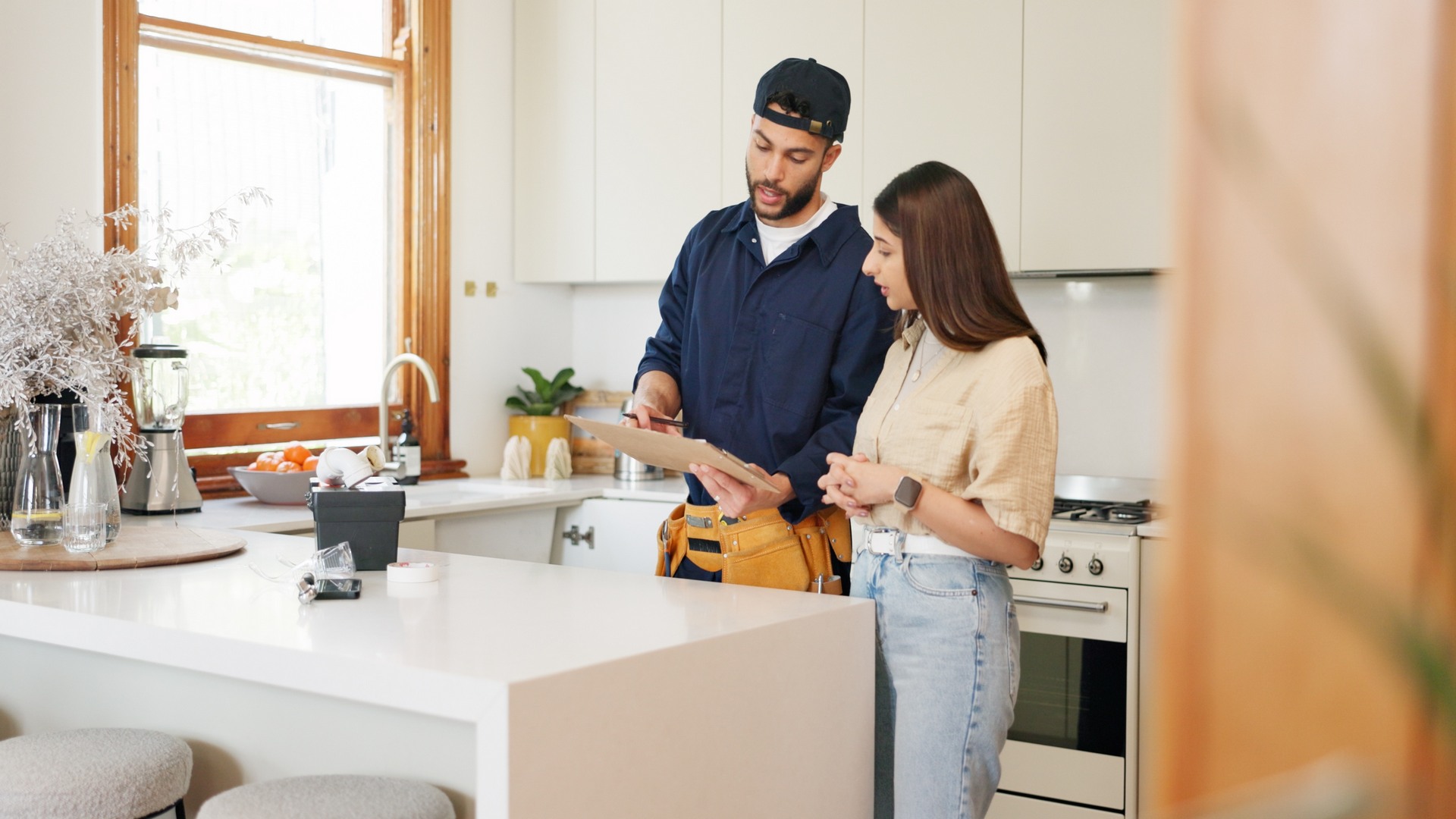 Woman,,Kitchen,And,Plumber,With,Contract,On,Clipboard,For,Maintenance